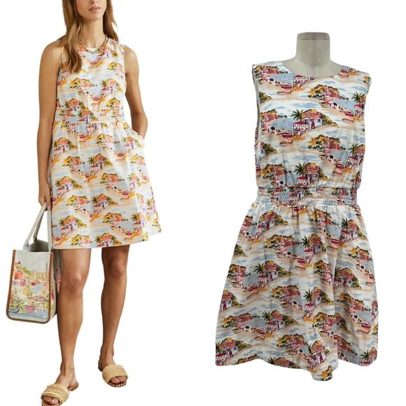 Boden Smocked Waist Mini Dress Paradise Bay Beach Print White Size US 12R - Picture 1 of 13